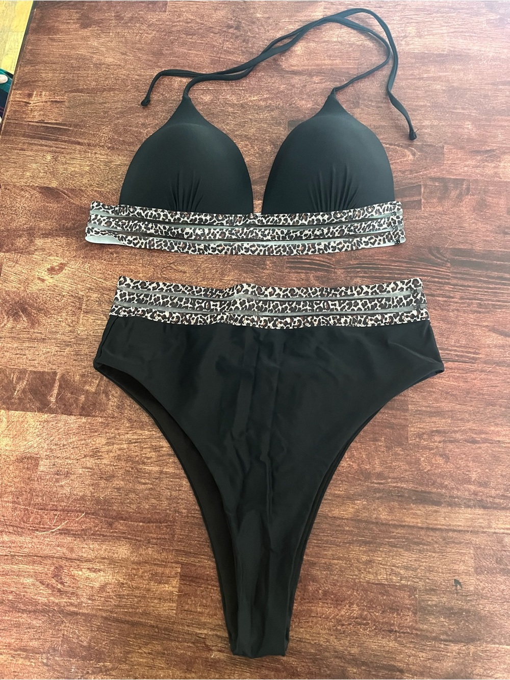SHEIN Black Bikini Set with Leopard Trim